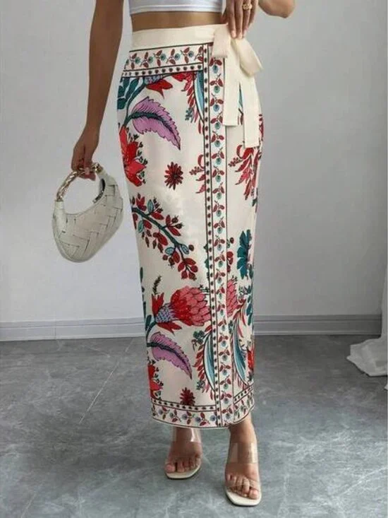 Elenzga Women's Summer Vacation Floral Print Wrap Tie Waist Skirt - Picture 4 of 4